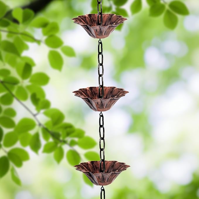 Rifachua 12 Cups Lotus Rain Chain for Gutters Downspouts Outside 8.5ft, Red Plated Lotus Rain Chain Cups, Functional and Decorative Replacement for Gutter Downspouts