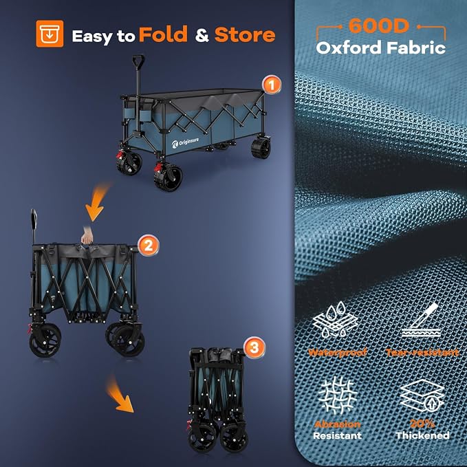 Originsure 48" L Collapsible Wagon Cart Foldable, 560lbs Weight Capacity 300L Heavy Duty Folding Beach Wagons with Big All-Terrain Wheels, Utility Carts for Groceries, Camping, Sports - Grey&Blue