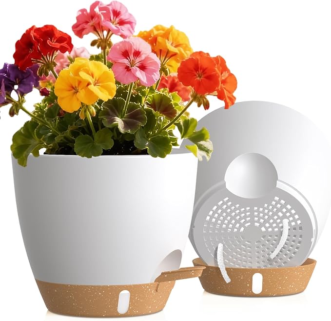 Self Watering Pots with Drainage Holes, 2 Pack 8 Inch Plant Pots with Water Level Indicator Deep Reservoir, Large Plastic Planter for Indoor Outdoor Plants - White Brown