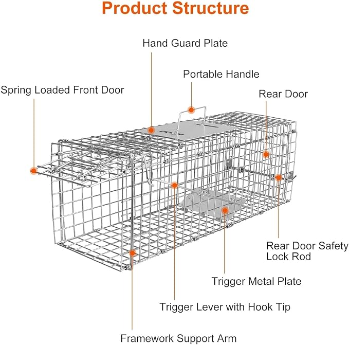 TeqHome Live Animal Cage Trap, Collapsible Humane Live Animal Cage Trap, Galvanized Steel Humane Live Trap Cage for Rabbit,Stray Cat, Groundhog, Raccoon,Squirrel,Chipmunk,Mole,Gopher,Skunk,24"x8"x8"