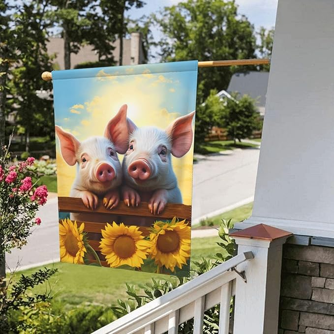 Delerain Two Pig Sunflower Garden Flag, 12.5 x 18 Inch Double Sided Design Weather Resistant Indoor & Outdoor Decoration Small Banner For Home Yard Lawn Patio Office
