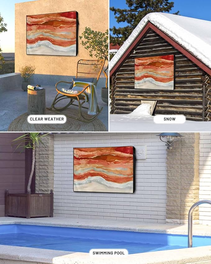 Outdoor TV Cover 40-43 Inch Weatherproof, Burnt Orange Coastal Outdoor TV Enclosure with Zipper & Roll Up Front Flap, Summer Beach Nautical Abstract Art Waterproof TV Covers for Outside TV