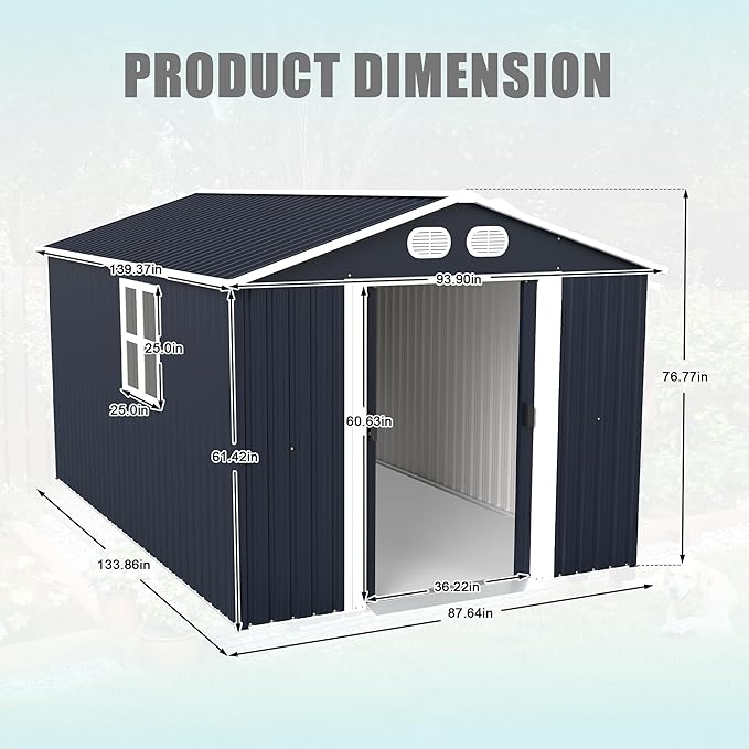 KEIKI 8x12 FT Outdoor Storage Shed, Heavy-Duty Metal Shed with Lockable Doors & Air Vents, Weather-Resistant Garden Tool Storage for Backyard Patio, Dark Gray
