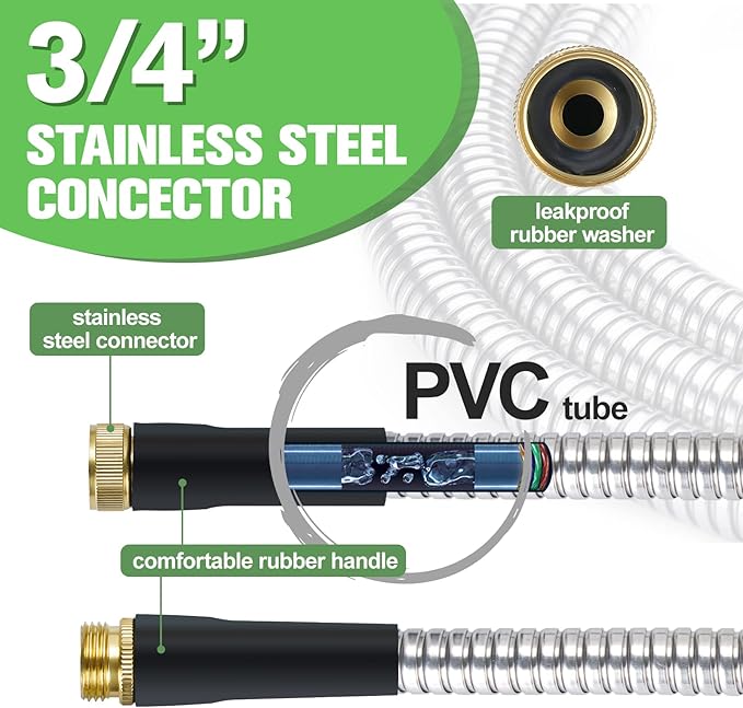 TVKB Metal Garden Hose 25ft Stainless Steel Metal water Hose Super Tough & Flexible Water pipe Lightweight, Crush Resistant Aluminum Fittings, Kink & Tangle Free, Rust Proof