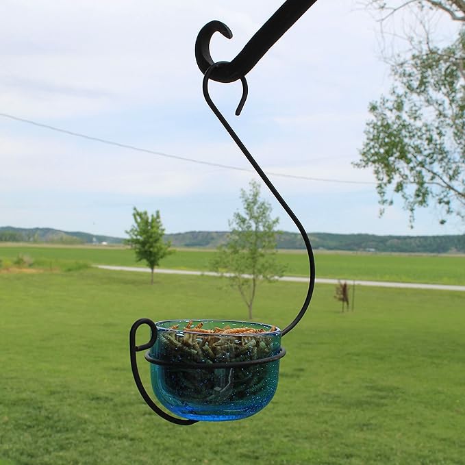 Bluebird Mealworm Feeder - Sparkling Blue Glass Bowl with Decorative Hanging Hook - Removable Cup for Easy Cleaning - Dried or Live Mealworm Feeder for Bluebirds Outdoors