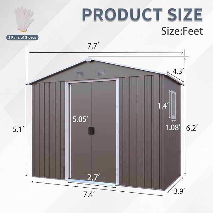 8x4 FT Outdoor Metal Storage Shed with Window, Galvanized Steel Garden Shed, Lockable Sliding Door, Sloped Roof, Ventilated Tool Storage House with Foundation Kit for Backyard Lawn, Gray