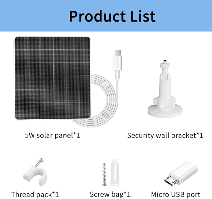 5V 5W USB Solar Panel for Outdoor Security Camera, USB C Solar Panel Charger with Micro-USB Adapter, IP65 Waterproof Solar Panel with 9.8FT Cable for DC 5V Rechargeable Battery Camera (1)
