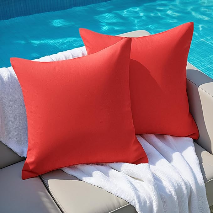 Premillow Outdoor Pillow Covers Set of 2, Decorative Farmhouse Waterproof Pillow Covers, Solid Linen Pillowcase Cushion Covers for Patio Garden Balcony Couch Sofa 18x18 inch, Red