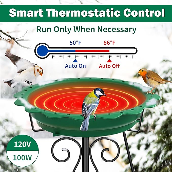 Heated Bird Bath for Outside Winter, Powerful 100W Thermostat Control Heated Bird Baths for Outdoors with 5-Prong Metal Stake, Heated Birdbath Water Heater for Garden Yard Patio Lawn (Green)
