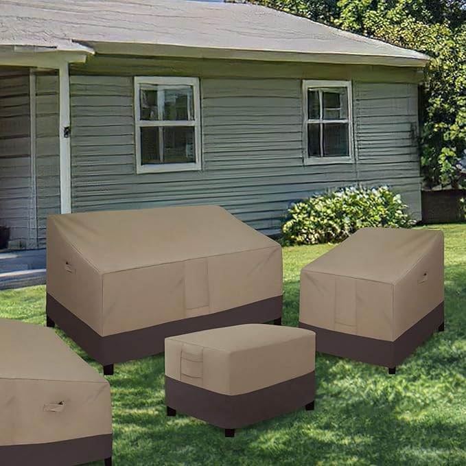 Easy-Going Outdoor Ottoman Cover, Waterproof Patio Ottoman Cover, Heavy Duty Outdoor Furniture Cover with Padded Handles (34"x24"x17", Camel/Dark Brown)