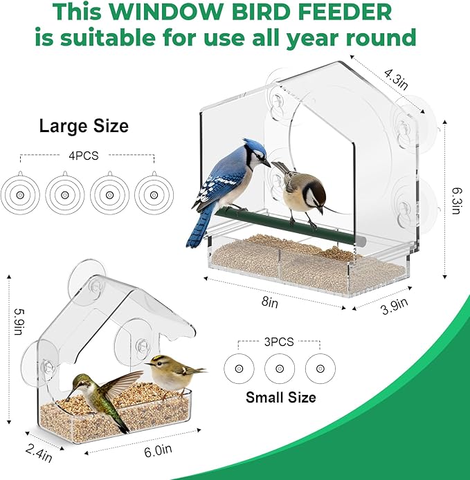 Window Bird Feeder with Non-Marking Self-Adhesive Hooks, 2 pcs Clear and Transparent, Outdoor Wild Bird Watching Gift for Finches, Cardinals (1 Large+1small Acrylic)
