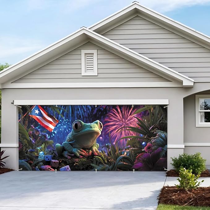 7 * 16FT Summer Puerto Rico Garage Door Cover Decorations Sunset Palm Trees Garage Door Banner for Outdoor Indoor Summer Party Photography Backdrop