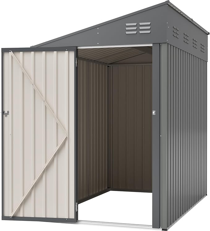 KEIKI Storage Shed 4x7 FT, Small Metal Tool Shed for Outdoor Storage, Galvanized Steel Garden Shed with Lockable Doors for Patio, Backyard, Lawn, Grey
