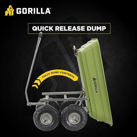 Gorilla Carts Poly Garden Dump Cart, 4 Cu Ft Tub, 600 lb Haul Capacity, Green – Heavy-Duty Utility Wagon with Quick-Release Dumping & Pneumatic Tires for Yard, Landscaping and Gardening