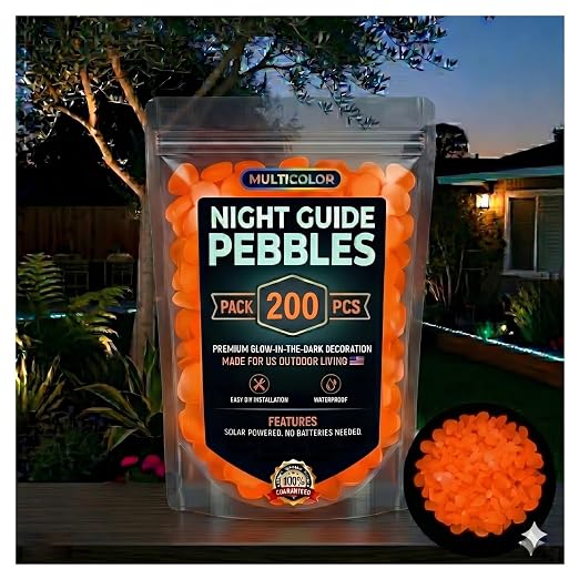 2026 Colorful Glow-in-the-Dark Garden Stones Night Guide Luminous Pebbles Rainbow Glow in the Dark Stepping Rocks Outdoor Landscaping Decor Glowing Stones Fish Tank Aquarium Decorations (200, Orange)