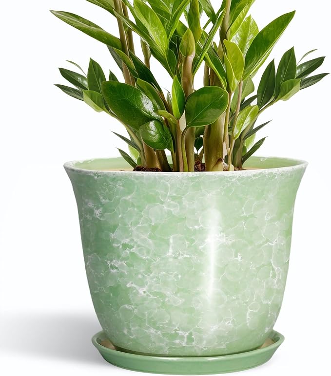 Ceramic Pots for Plants - 10 Inch Plant Pot for Indoor Outdoor, Round Planter with Drainage Hole and Saucer, Decorative Plant Pots, Modern Flower Pot, Home Porch Decor, Garden Gifts, Green
