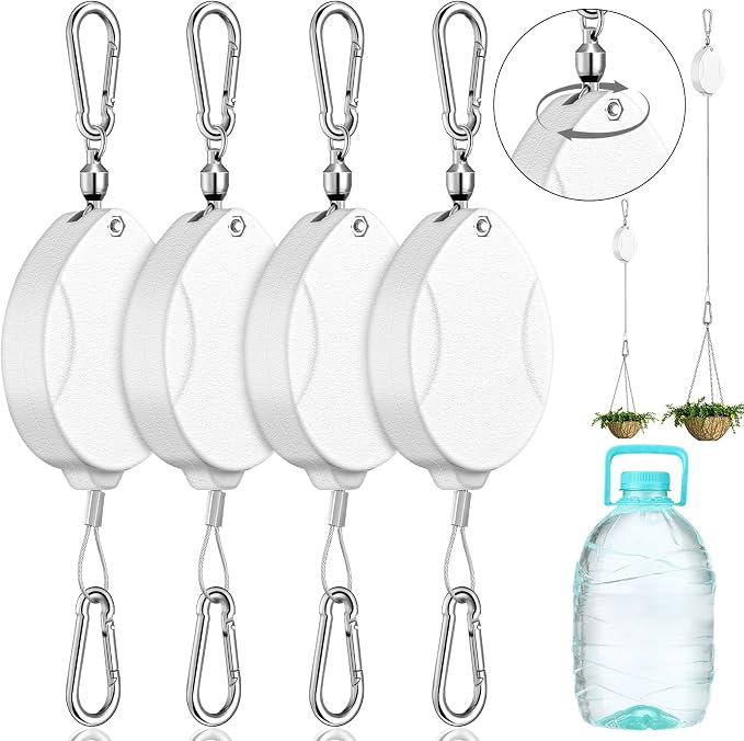 Leinuosen 4 Pack Upgraded Plant Pulleys for Hanging Plants Heavy Duty Retractable Plant Hanger, 304 Stainless Steel Rope Adjustable Climbing Hook for Garden Baskets Pots, Birds Feeder (White)