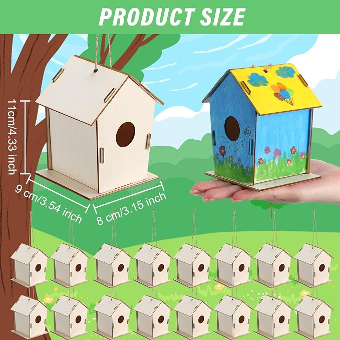 DoubleFill 48 Pcs 4.33" Wooden Bird Houses Crafts Kit for Kids DIY Unfinished Hanging Birdhouse for Art Painting Wood Toys Boy Girl Class Back to School Classroom Project Parties Creative Activity