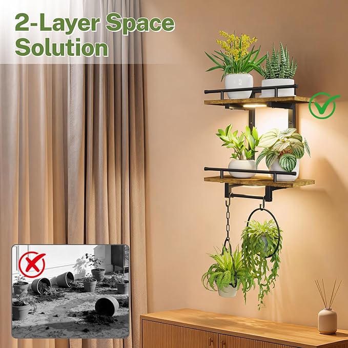 iDavosic.ly Wall Plant Holder with Grow Lights Set of 2, 2 Tier Indoor Floating Shelves with 4 Hooks for Hanging Plants, Wall Mounted Space Saving Display Stand (Pots/Chains Not Included)