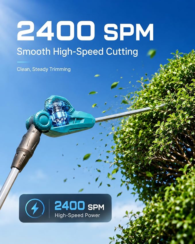 SEESII 20V Pole Hedge Trimmer Cordless, Electric Hedge Trimmer with Extension Pole, 8.5 FT Telescopic Pole with Shoulder Strap, 2 Packs 4.0Ah Batteries & Charger, Long Reach Bush Shrub Trimmer