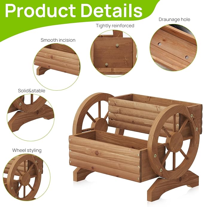 Wooden Wagon Planter with Wheels, Brown, Large | Flower Pots Outdoor Flower Cart, For Patio Balcony Decoration, Succulent Flower Pot, Indoor Backyard Yard Decor