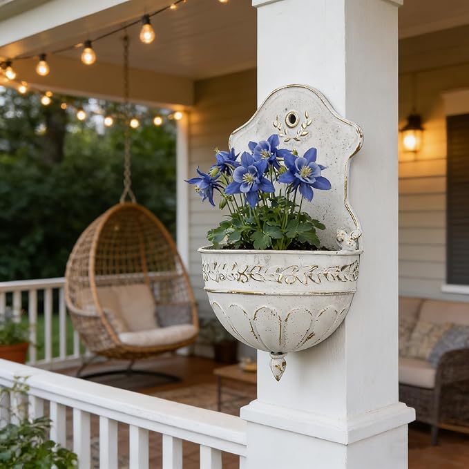 Vintage Distressed White Metal Wall Planter, Rustic Hanging Pocket Planter with Scrollwork & Scalloped Design, Farmhouse Wall Decor for Indoor & Covered Outdoor Garden, Porch & Entryway (White Gold)
