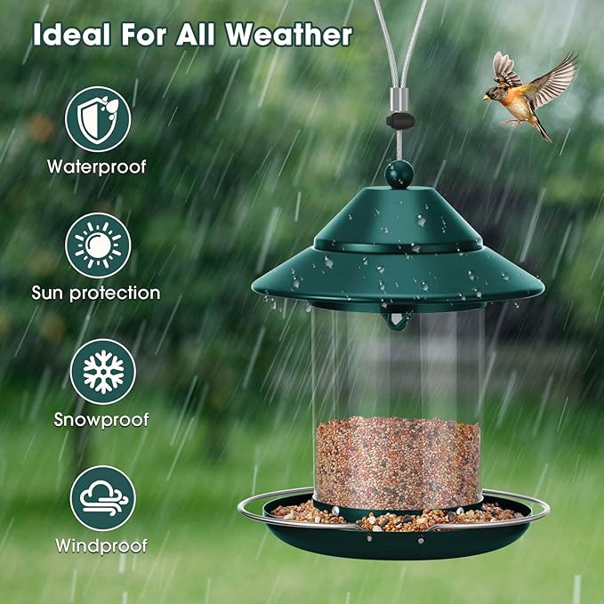 Metal Roof Bird Feeder, Hanging Bird Feeder for Outdoors with 3lb Clear Tube Seed Capacity for Viewing Cardinal Finch, Wild Birdfeeders for Outside Garden Yard Decoration