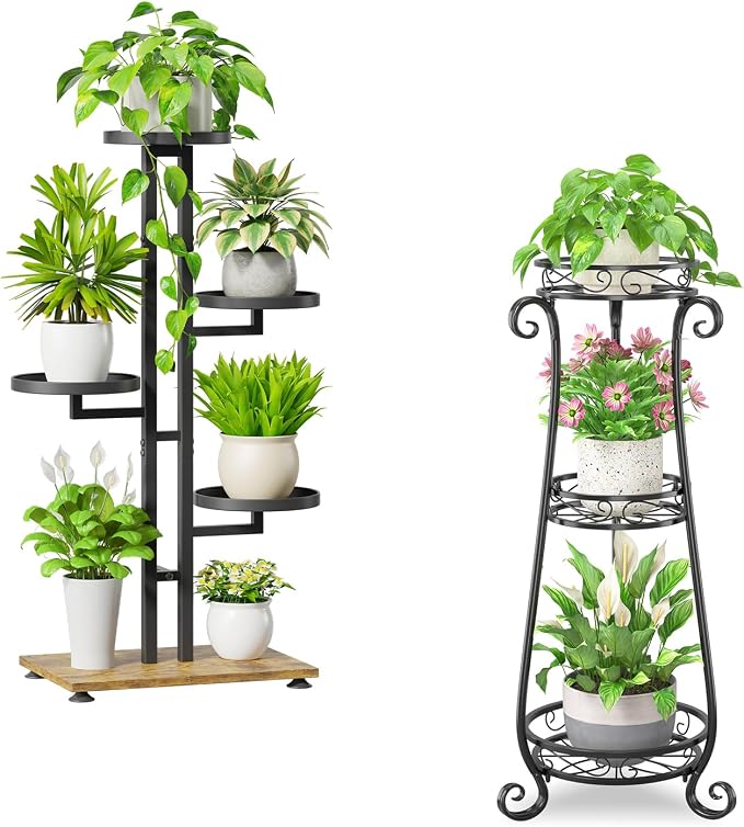iDavosic.ly Plant Stand for Indoor Outdoor Set of 2, 5 Tier Corner Multiple Flower Pot Holder Shelf and 3 Layer Tall Vertical Heavy Duty Display Rack for Patio Porch Living Room Garden Balcony, Black