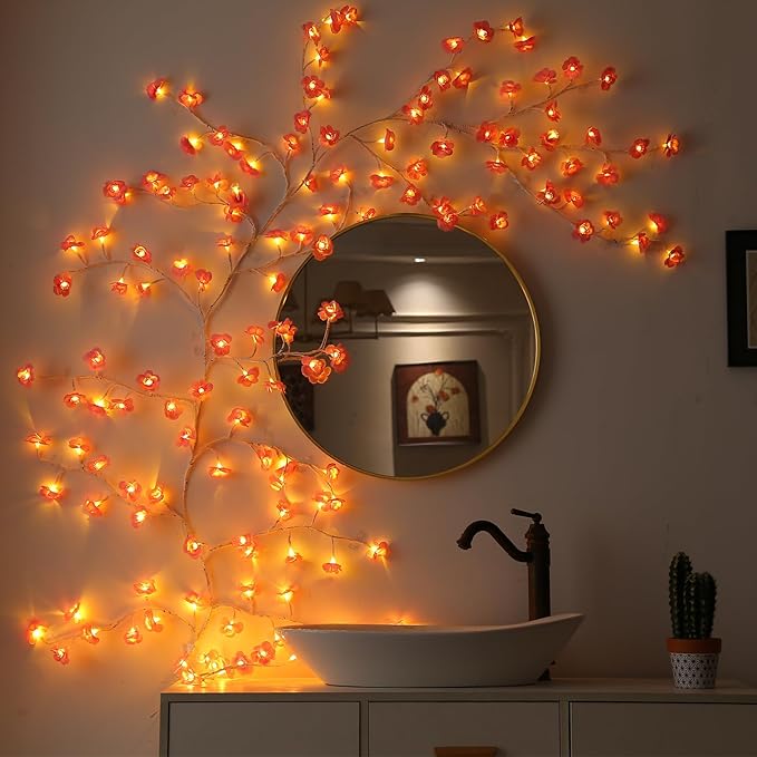 NIDISETPJAS Cherry Blossom Lights with Remote, 7.5 Ft 144 Flowers Enchanted Willow Vine Lights, 18 Branches 144 LEDs Lighted Willow Vine Tree Lights for Walls Bedroom Home Room Decor, White Branch