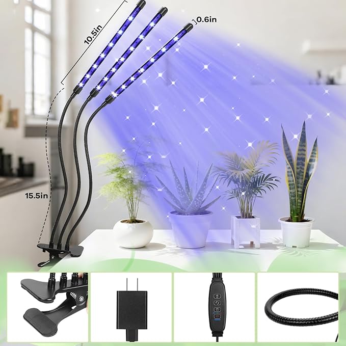 Led Grow Lights, 3 Heads Red Blue Plant Light with Clamp for Indoor Plants & Seed Starting, 10-Level Dimmable, Auto On Off, Timing 3 9 12Hrs