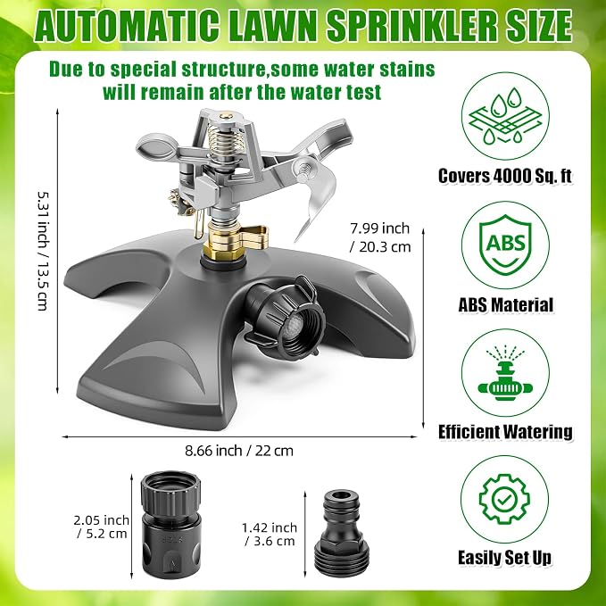 Reallnaive 3 Pcs Adjustable Oscillating Sprinkler 4 Way ABS Lawn Sprinkler Covers 4000 Sq. ft 16 Nozzle with Quick Connect for Garden Large Area Watering (ABS Base)