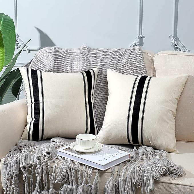 OTOSTAR Pack of 2 Outdoor Waterproof Decorative Pillow Covers 16x16 Inch Linen Geometry Pillowcases Cushion Case Garden Throw Pillow Covers Pillows Shell for Patio Furniture Couch Tent Balcony (Black)