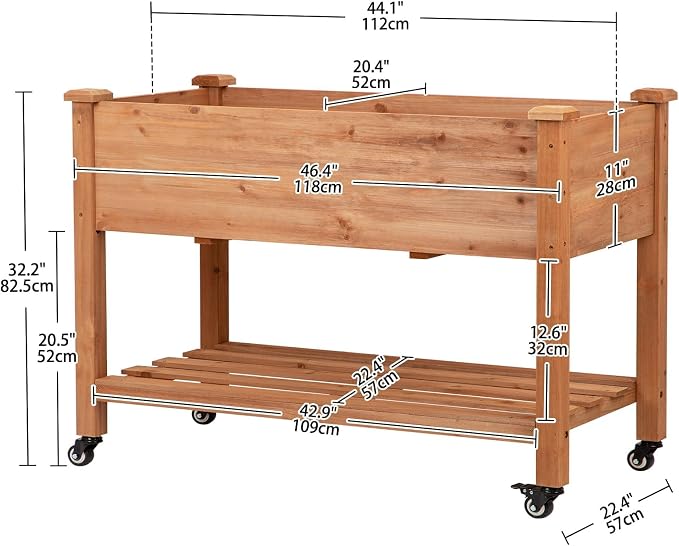 Raised Garden Bed with Lockable Wheels, 48x24x32 inch Elevated Wood Planter with Storage Shelf Protective Liner for Vegetable Flower Herb Outdoor Balcony Patio Backyard, Brown
