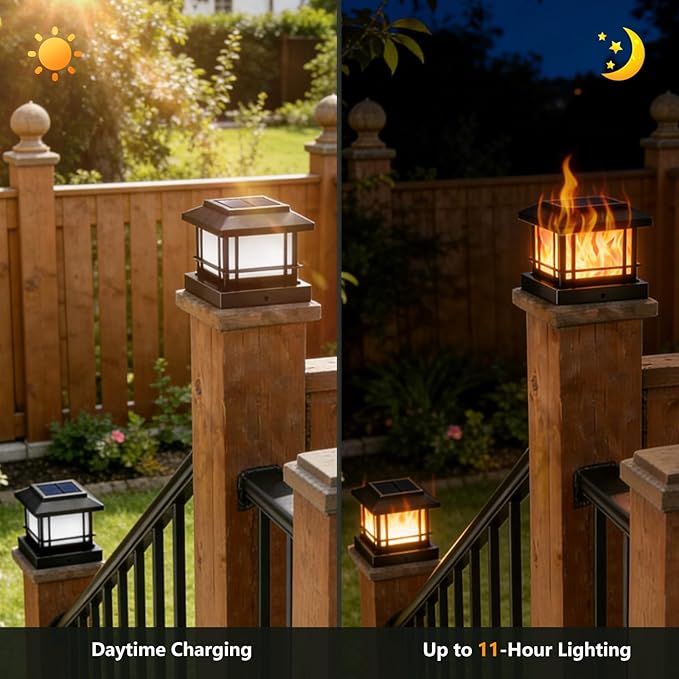 8 Pack Solar Post Cap Lights Outdoor with Flickering Flame, Fence Post Solar Lights Fit for 4x4 3.5x3.5 Wooden Vinyl Posts, Waterproof Solar Lamp for Garden, Deck, Patio, Yard Decor (Black)