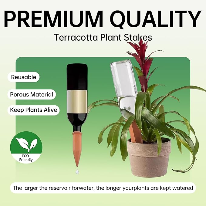 Large Clay Plant Watering Spikes with Lids | 6 Pack Automatic Self Watering Stakes for Large Indoor & Outdoor Planters | Terracotta Vacation Plant Waterer with Bonus 3-Tooth Soil Loosening Rake