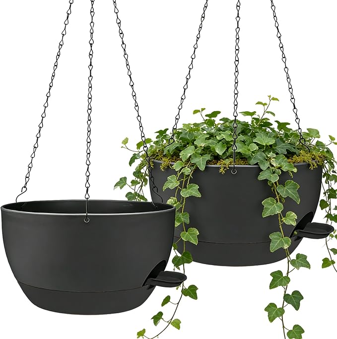 12" Self Watering Hanging Planters with Chains, Black, 2 Pack | 43 Oz removable self-watering reservoir, for indoor/outdoor plants, patio & garden