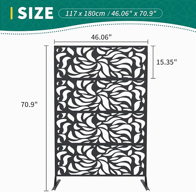 6FT Metal Privacy Screen Outdoor, Decorative Privacy Fence, Weather-Resistant Freestanding Panel with Stand, Durable Steel for Patio, Garden, Balcony, or Backyard, Flower