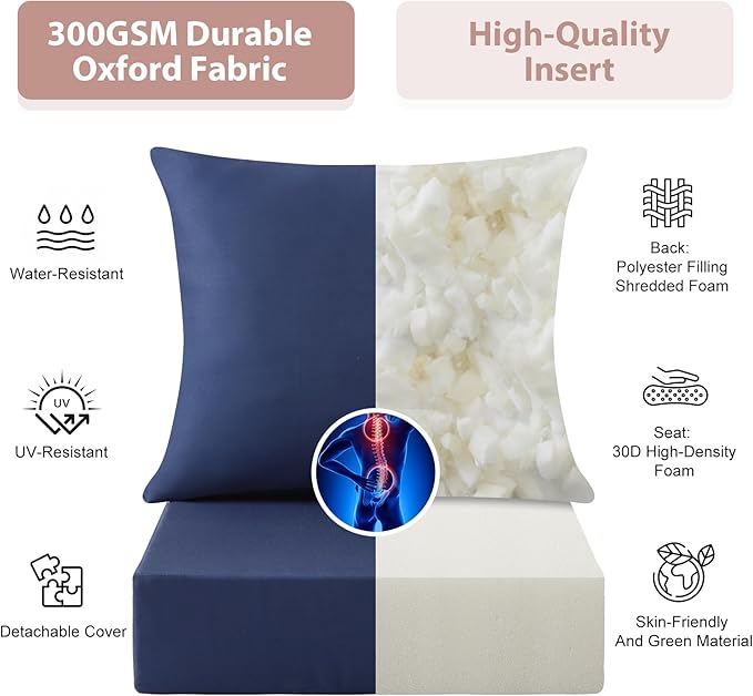 Outdoor Deep Seat Cushion Set, 24x24 Inch Water-Resistant & Fade-Resistant Outdoor Chair Cushions, Patio Furniture Cushions with Removable Cover for Patio Chair, Sofa,Navy Blue (Set of 6)