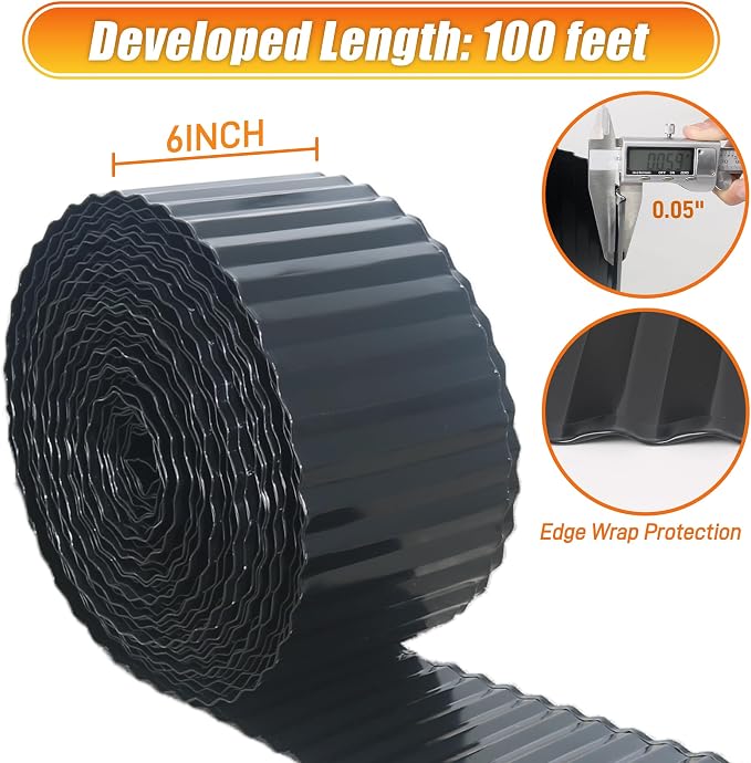 Quibbay Corrugated Metal Garden Edging, 6"×100Ft Landscape Edging Border for DIY Lawn, Flower Bed and Garden, Flexible Bender Border for Lawn and Yard, Sturdy Galvanized Garden Edging Border, Black