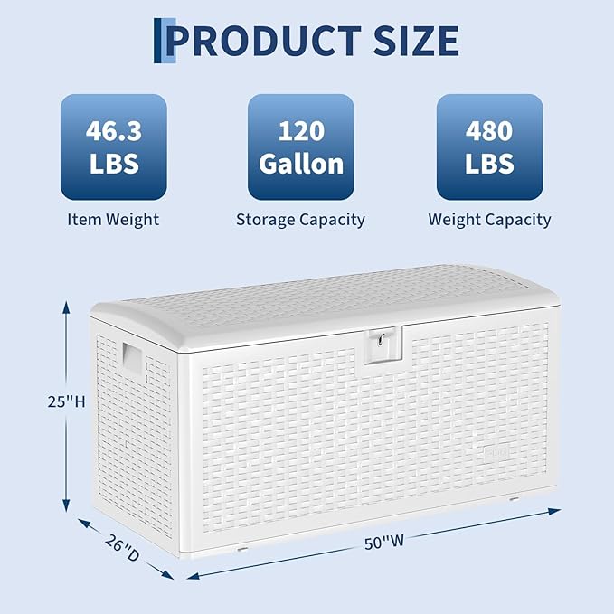 73 Gallon Waterproof Large Resin Deck Box Indoor Outdoor, Lockable Storage Container for Patio Furniture Cushions, Throw Pillows, Garden Tools, and Pool Floats, White 44.5"L * 21.1"W * 22"H