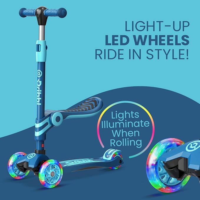 Blue 3 Wheel Scooter with Seat for Kids, Light-Up Wheels, Adjustable Lean to Steer Handlebar and Seat, Smooth Wheels, Wide No-Slip Deck, Rear Foot Brake, Toddler Outdoor Toys for Ages 2+