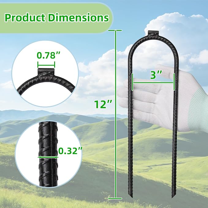 12 Inch U Shaped Heavy Duty Trampoline Stakes 10 Pack, Black Anti Rust Coated Rebar Flat Welded Head, High Wind Securing for Trampolines, Tents, Fences, Garden