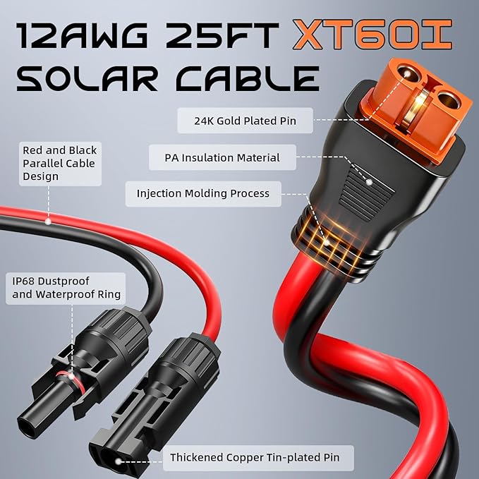 25FT 12AWG Solar to XT60i, Gibbab 3 6 10 16 20 25FT Solar Panel Connector to XT60i-F Adapter Extension Charging Cable for Portable EcoFlow River Delta Anker SOLIX Power Station Generator Battery RV