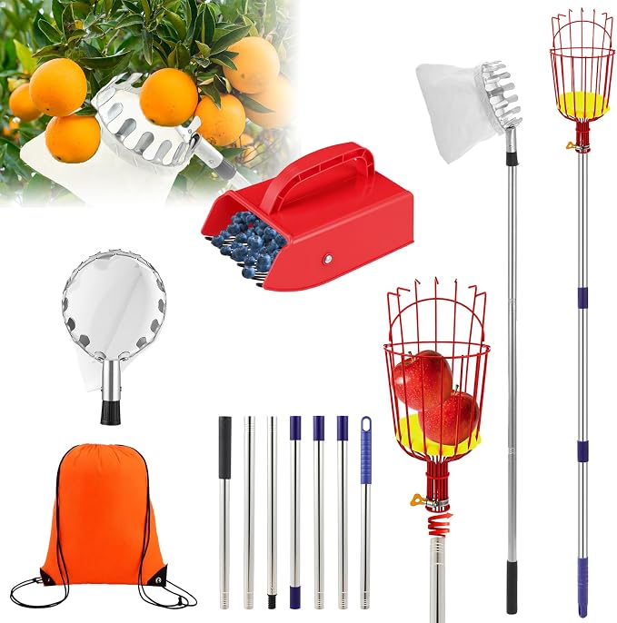 4 Pack Fruit Picker Pole Tools 11.5 ft Fruit Picker Pole with Basket Telescoping and 35-63 Inch Adjustable Apple Picking Tool Berry Rake Scoop and Storage Bag for Mango Lemon Orange Avocado
