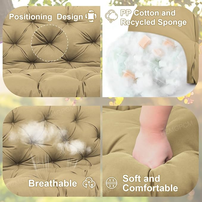 Premium 5"Thick Waterproof Outdoor Swing Cushions Sturdy Durable 2-3 Seat Replacement Porch Swing Cushions with Backrest&Ties Bench Cushion for Outdoor Furniture Backyard Patio(Khaki 60x40in)