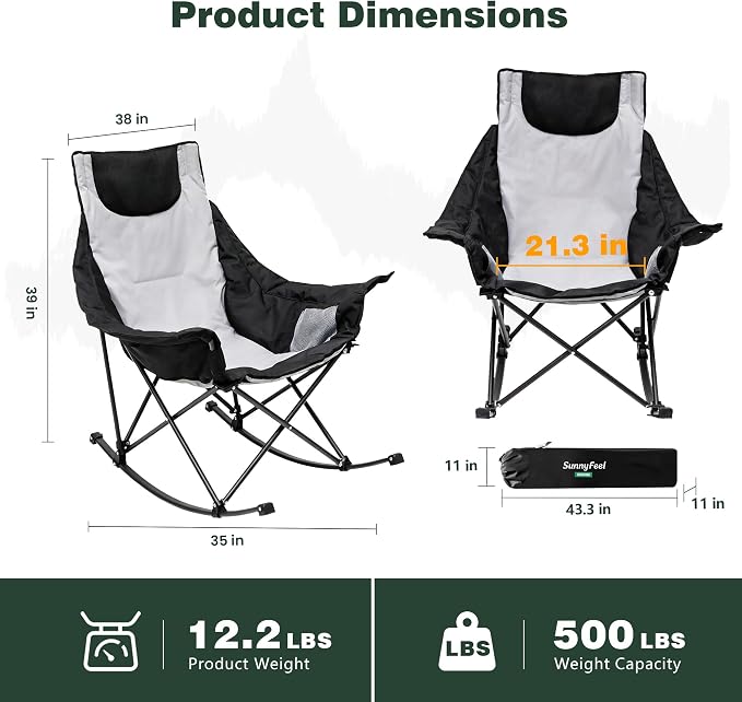SUNNYFEEL Oversized Rocking Camping Chair 2 Pack, Fully Padded Patio Chair with Side Pocket, High Back Portable Lawn Recliner with Carry Bag, Outdoor Rocker Camp Chairs for Adults Heavy Duty 500 LBS