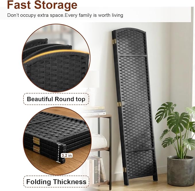 FDW Room Divider 4 Panel Screen 5.6 Ft Tall Partition Privacy Screens Folding Room Separation Free Standing Waterproof Wood Frame Wall Divider, Coal Black