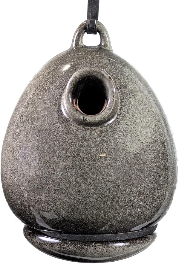 Byer of Maine Egg Bird Home for Small Songbirds, Sandy Granite, High Fired Porcelain Stoneware, Ceramic Bird House, Glaze Finish, with Forged Steel Hook
