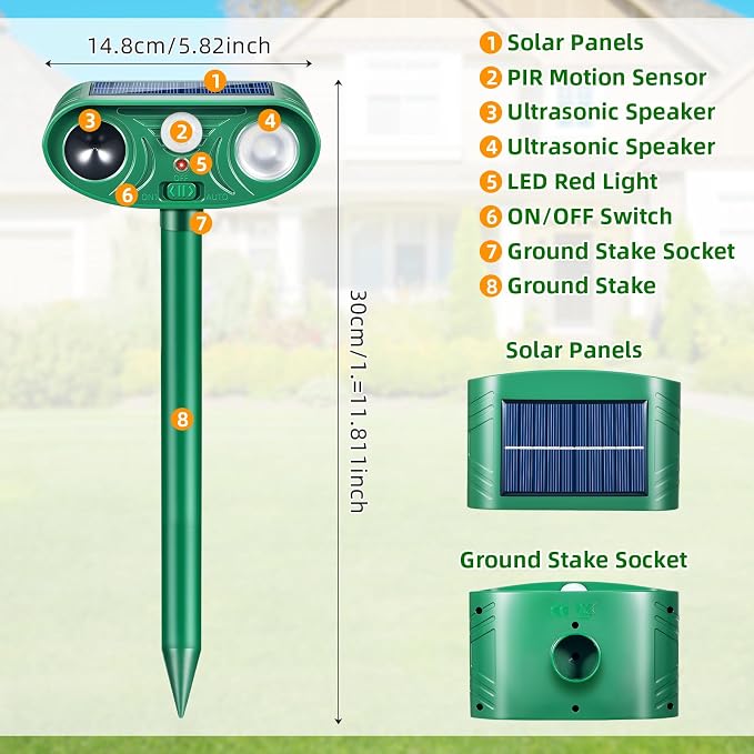 2026 Upgraded Solar Animal Repellent Outdoor 2 Pack – Ultrasonic Deer Deterrent Devices with Motion Sensor Strobe Light, IP65 Waterproof Cat Raccoon Rabbit Squirrel Repeller to Protect Yard Garden