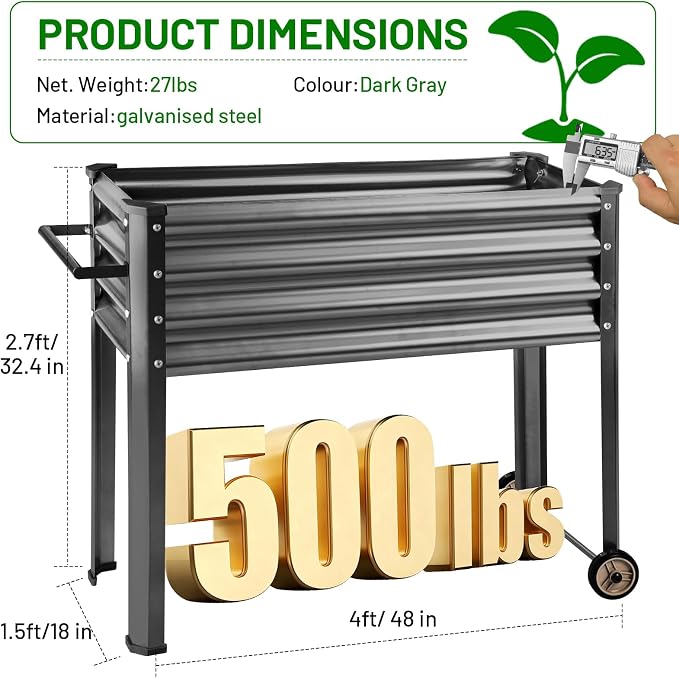 Land Guard 2 Pack Galvanized Raised Garden Bed with Legs & Wheels, 48×18×32in Metal Elevated Raised Planter Box for Backyard, Patio, Balcony, 500lb Capacity, Dark Grey